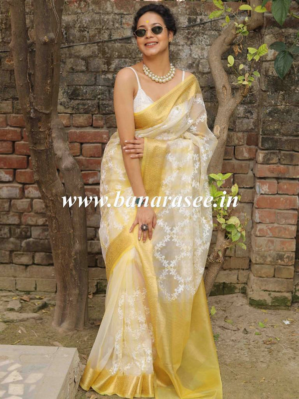 Banarasee Handwoven Organza Silk With Embroidered Saree-White & Yellow