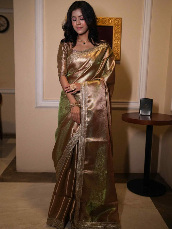 Banarasee Handwoven Tissue Saree With Zari Jaal Design & Border Lace-Olive Green (Dual Shade)