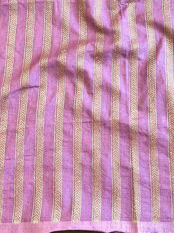 Banarasee Handwoven Silk Cotton Saree Antique Zari Buti & Border With Lace-Purple