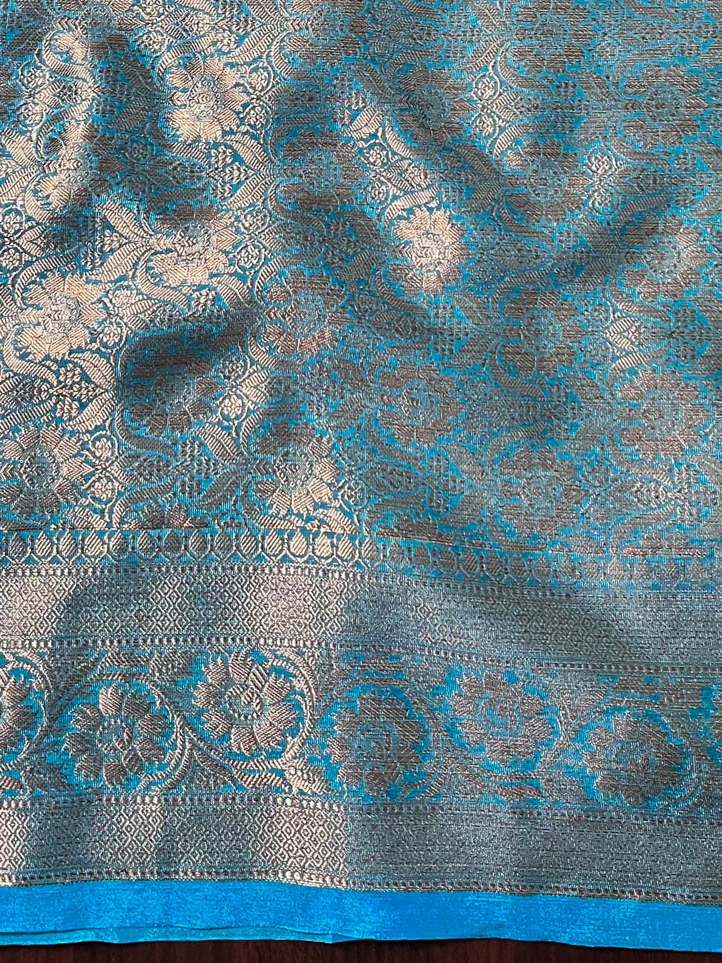 Banarasee Handwoven Semi Silk Plain Saree With Antique Zari Border-Blue