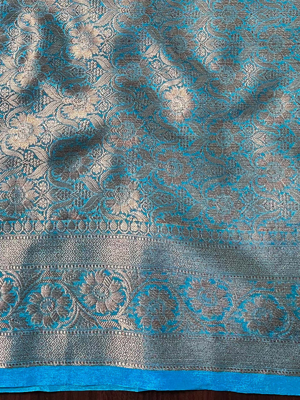 Banarasee Handwoven Semi Silk Plain Saree With Antique Zari Border-Blue