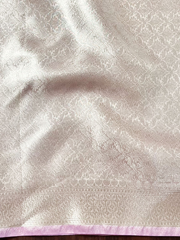 Banarasee Handwoven Sliver Zari Jaal Design Tissue Saree-Lavender