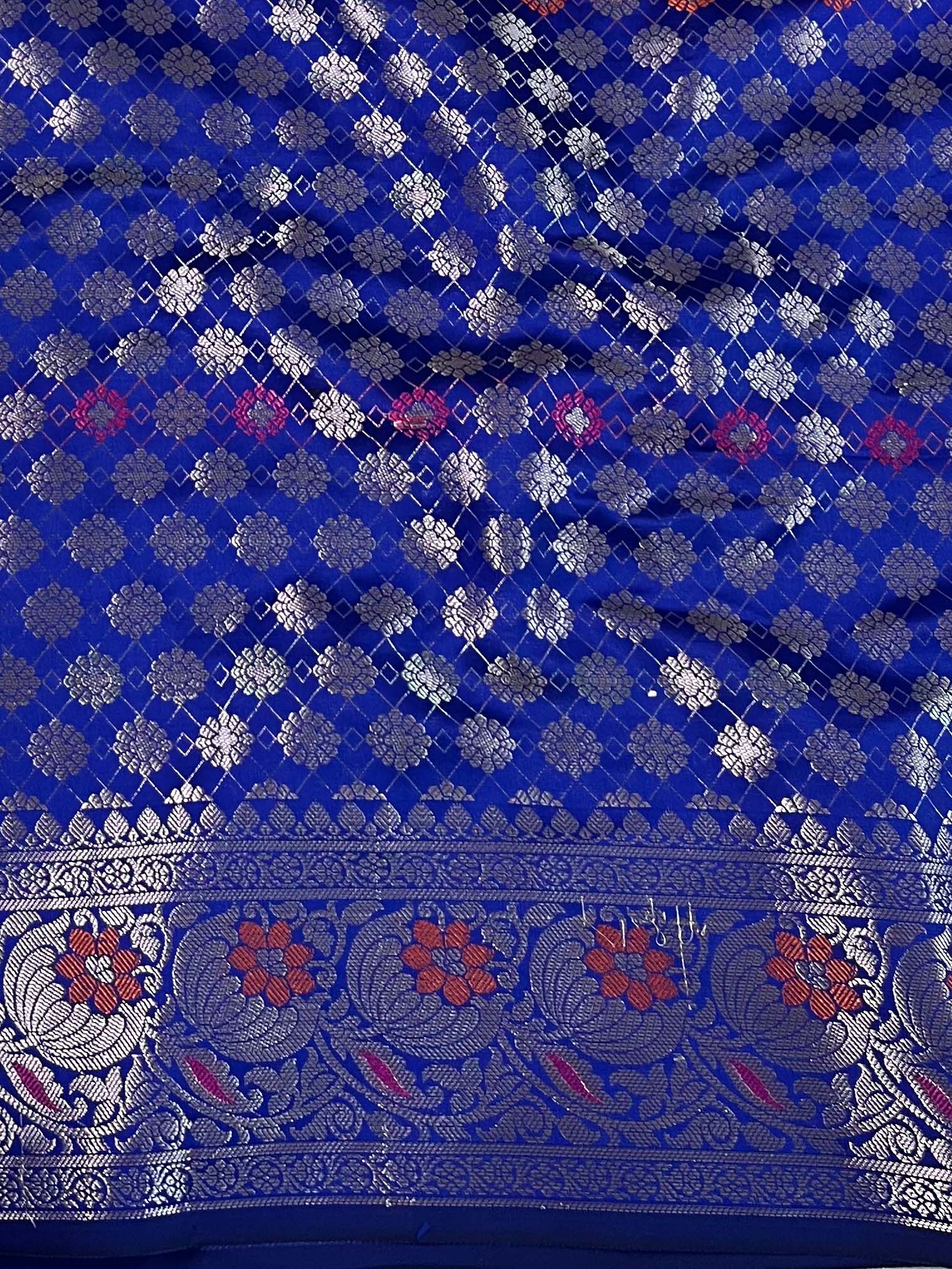 Banarasee Handwoven Semi Silk Saree With Zari Buti Design-Royal Blue