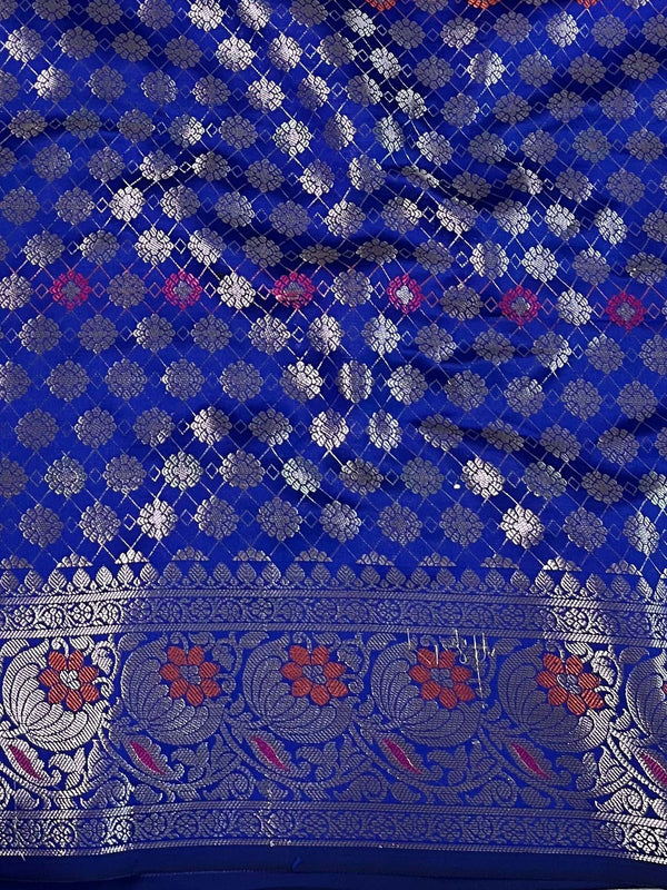 Banarasee Handwoven Semi Silk Saree With Zari Buti Design-Royal Blue