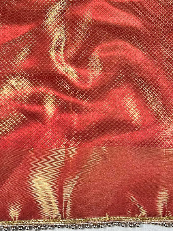 Banarasee Handwoven Tissue Zari Jaal Design Saree With Broder & Lace-Red