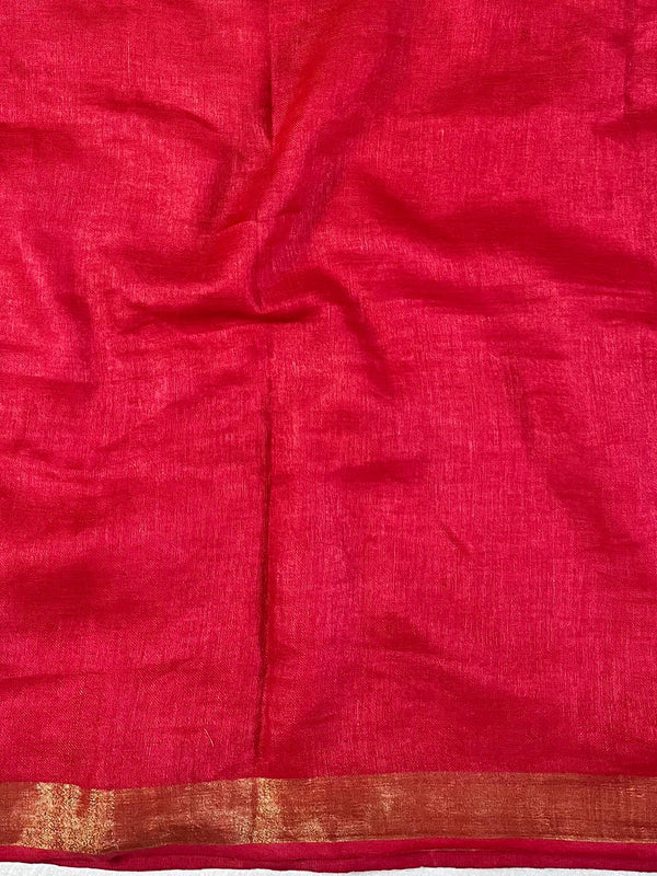 Bhagalpur Handloom Pure Linen Cotton Saree With Zari Design-Red