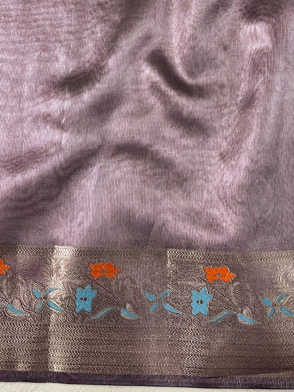 Banarasee Handwoven Plain Tissue Saree With Zari Border-Plum