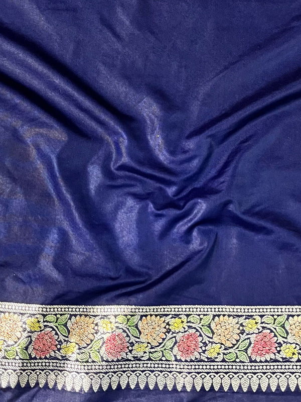 Banarasee Handwoven Faux Georgette Saree With Hand-Painted & Silver Zari Design-Blue