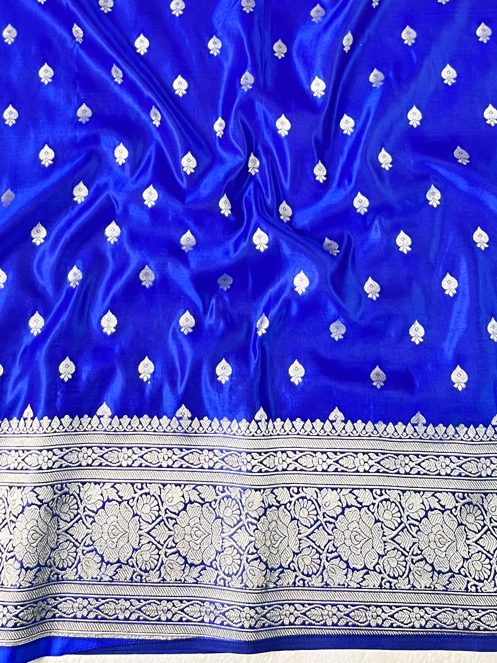 Banarasee Handwoven Semi Katan Plain Saree With Zari Border Design-Royal Blue