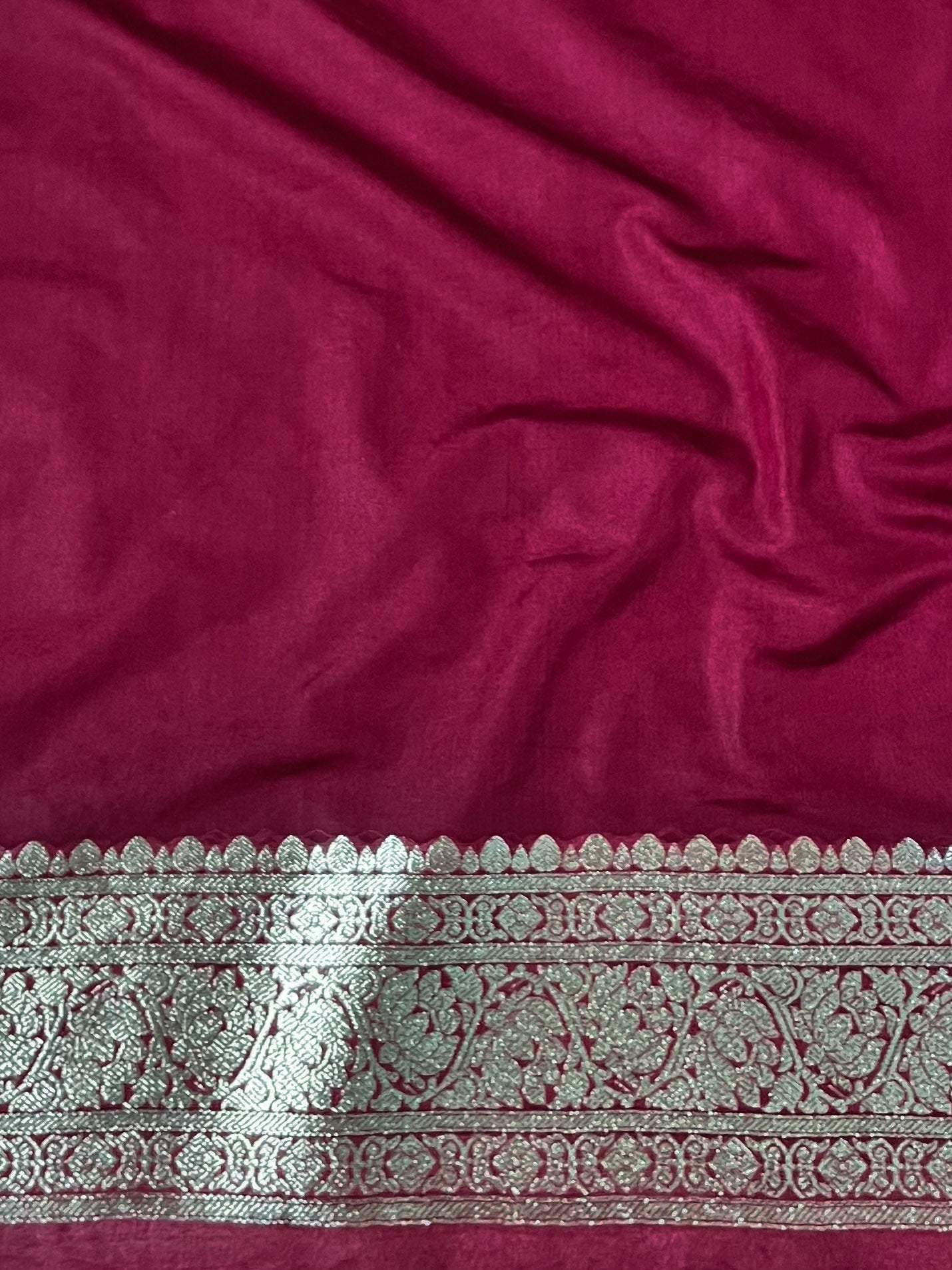 Banarasee Handwoven Faux Georgette Saree With Silver Zari Design-Maroon