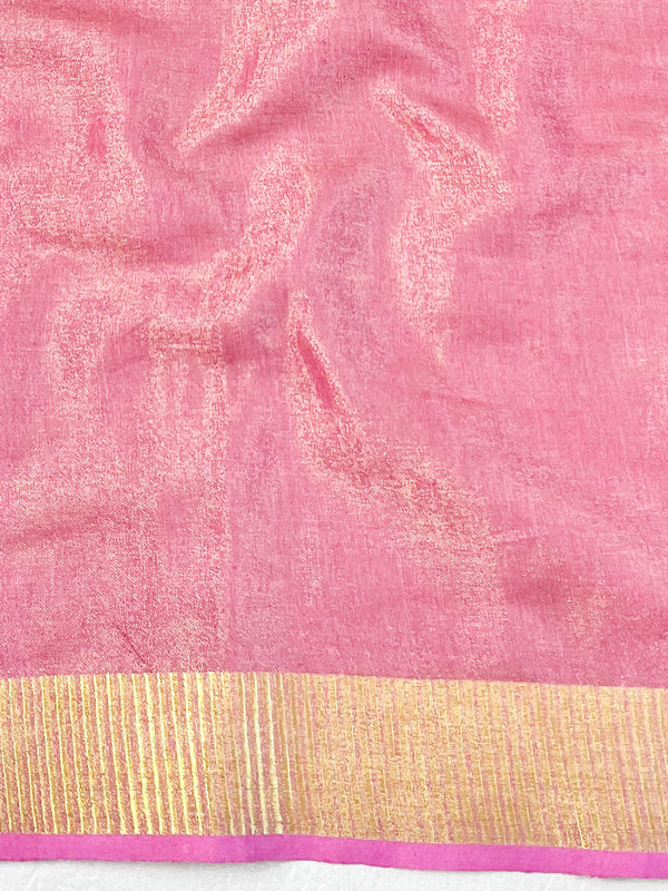 Banarasee Handloom Linen Saree With Mirror Work-Pink