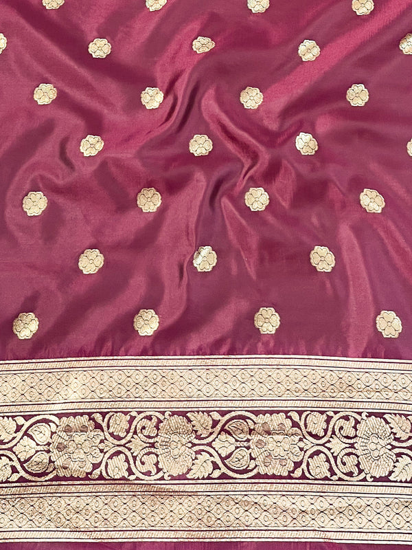 Banarasee Handwoven Semi Katan Saree With Sona Rupa Zari Jaal Design & Border-Maroon