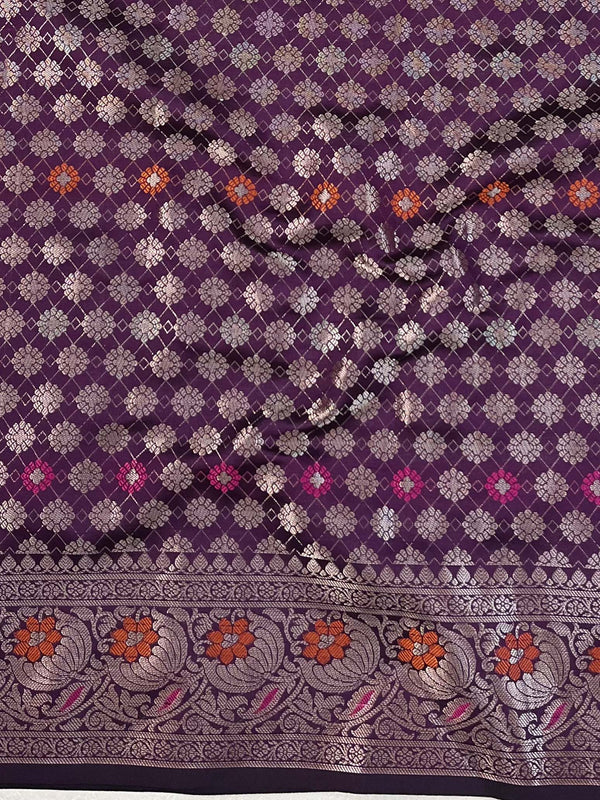 Banarasee Handwoven Semi Silk Saree With Zari Buti Design-Violet
