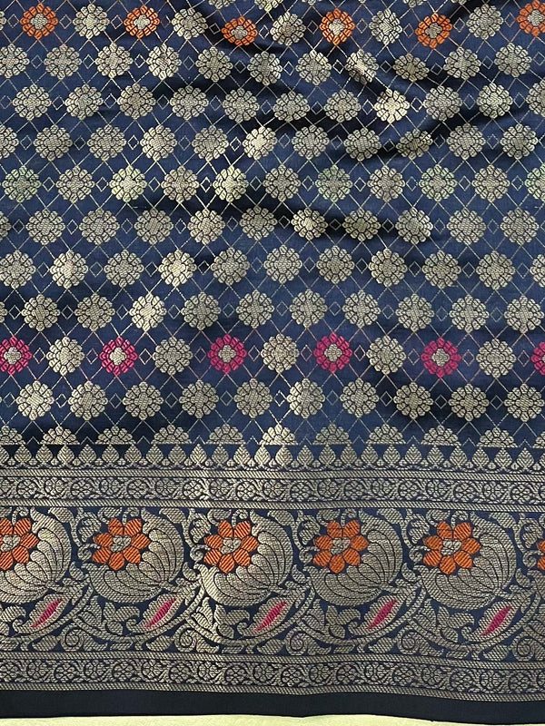 Banarasee Handwoven Semi Silk Saree With Zari Buti Design-Deep Blue