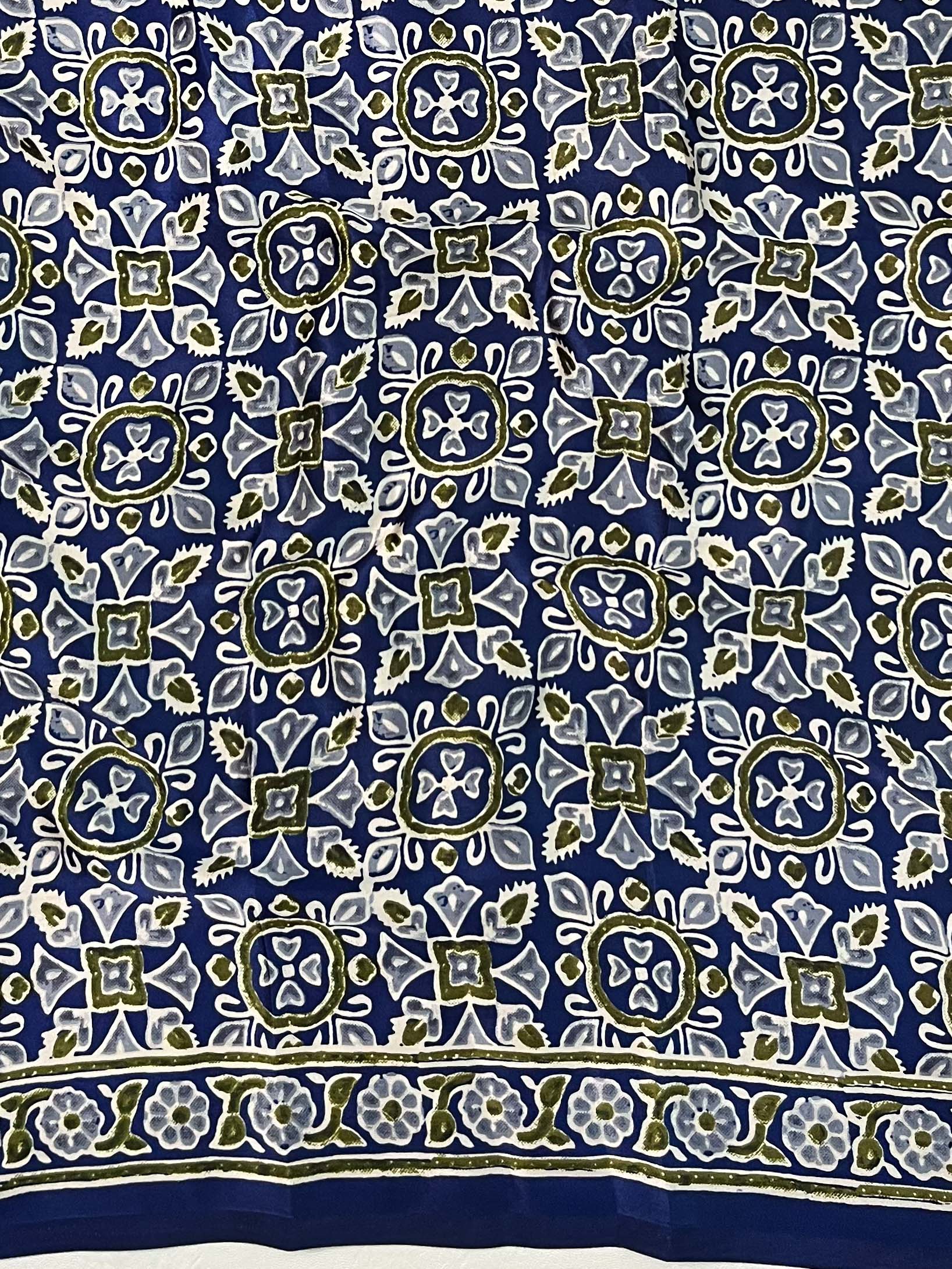 Banarasee Handwoven Satin Block Printed Saree-Blue