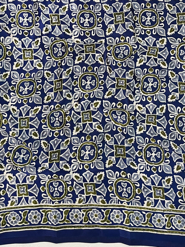 Banarasee Handwoven Satin Block Printed Saree-Blue