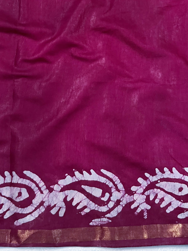 Bhagalpur Handloom Pure Linen Cotton Batik Pattern Saree-Magenta