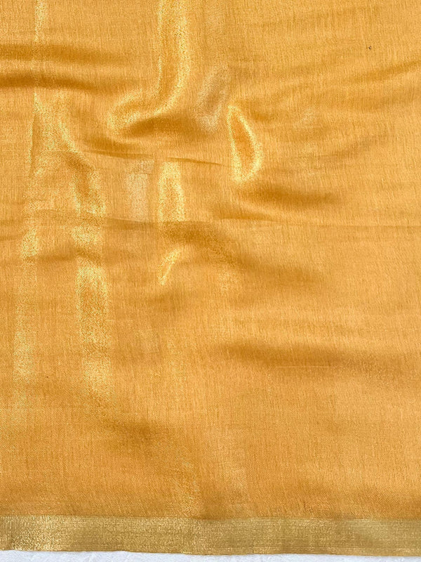 Banarasee Handloom Linen Saree With Mirror Work-Mustard Yellow