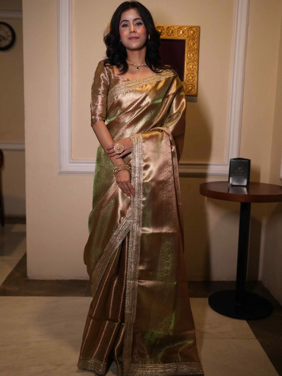 Banarasee Handwoven Tissue Saree With Zari Jaal Design & Border Lace-Olive Green (Dual Shade)