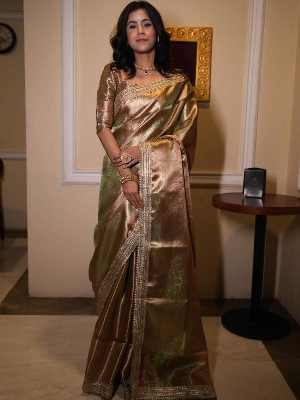 Banarasee Handwoven Tissue Saree With Zari Jaal Design & Border Lace-Olive Green (Dual Shade)