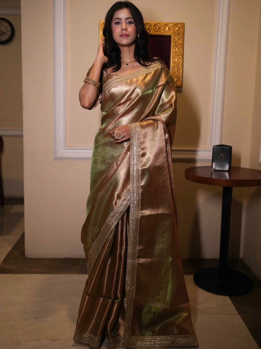 Banarasee Handwoven Tissue Saree With Zari Jaal Design & Border Lace-Olive Green (Dual Shade)