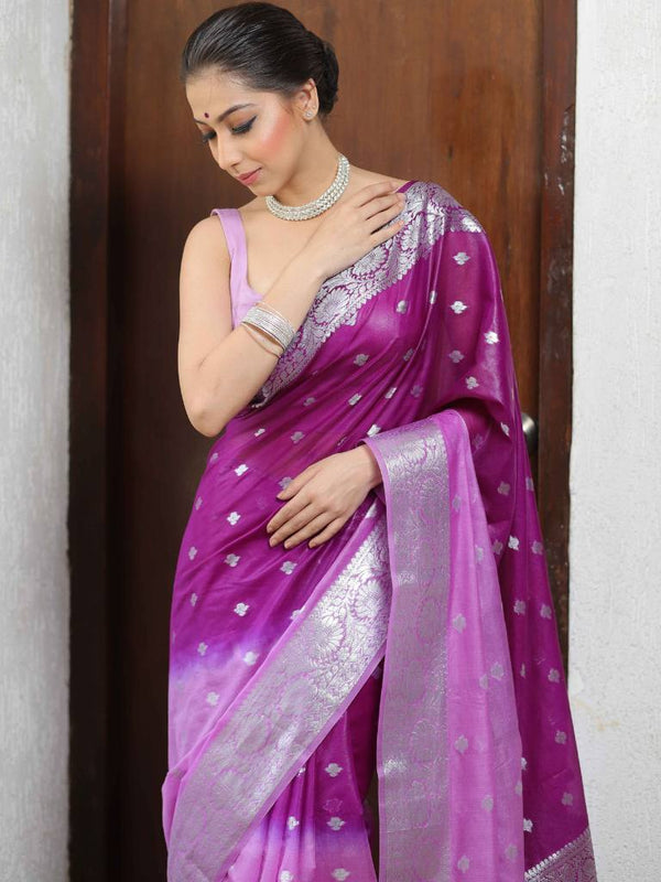 Banarasee Organza Saree With Silver Zari Design & Dual Color-Purple