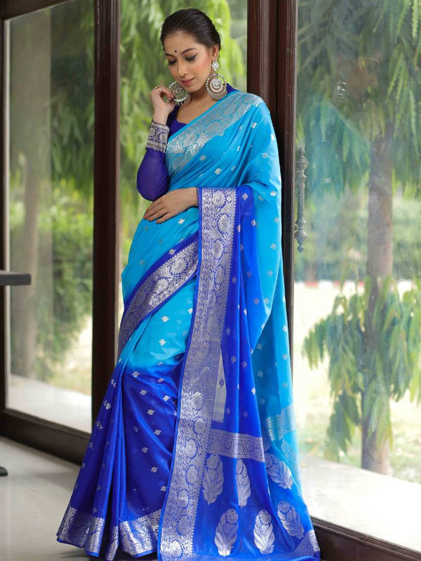 Banarasee Organza Saree With Silver Zari Design & Dual Color-Blue