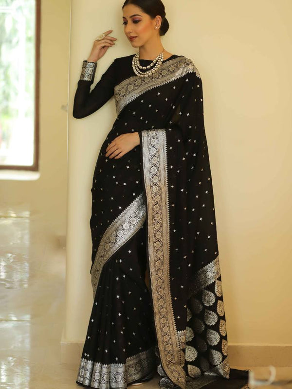 Banarasee Handwoven Faux Georgette Saree With Silver Zari Star Buti Design-Black