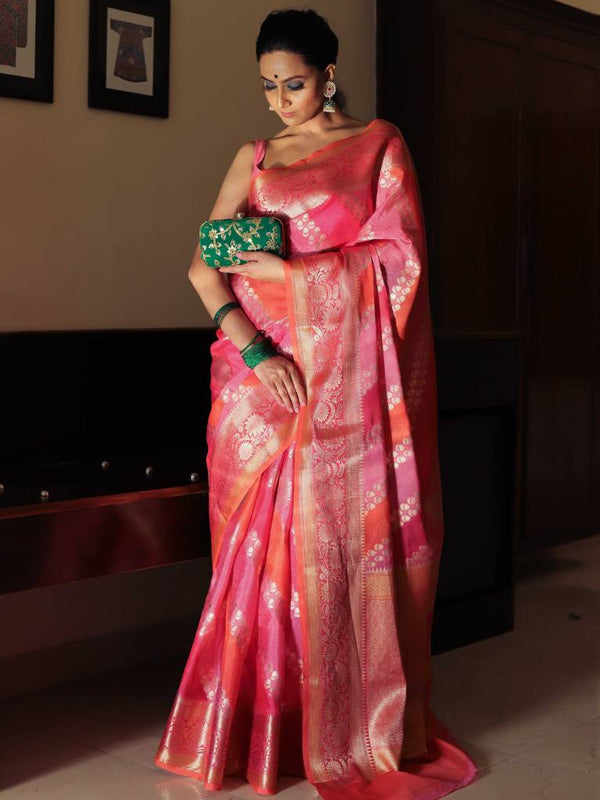 Banarasee Handwoven Soft Semi Silk Saree With Hand-Painted Rangkat Design-Orange & Pink