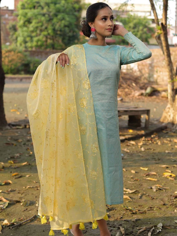 Banarasee Brocade Salwar Kameez Fabric With Embroidered Dupatta-Blue & Yellow