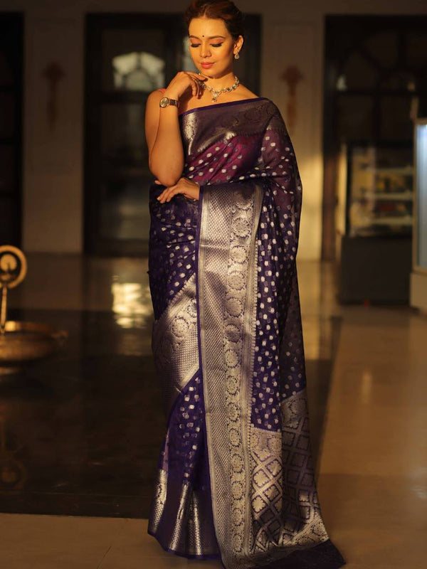 Banarasee Semi-Chiffon Saree With Silver Zari Design & Contrast Blouse-Blue & Pink