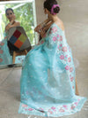 Banarasee Pure Organza Silk Saree With Floral Resham Embroidery-Light Blue
