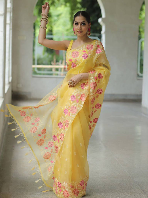 Banarasee Pure Organza Silk Saree With Floral Resham Embroidery-Yellow