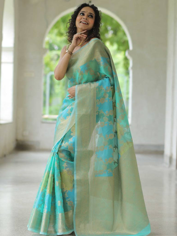 Banarasee Organza Mix Saree With Zari Jaal & Border-Blue
