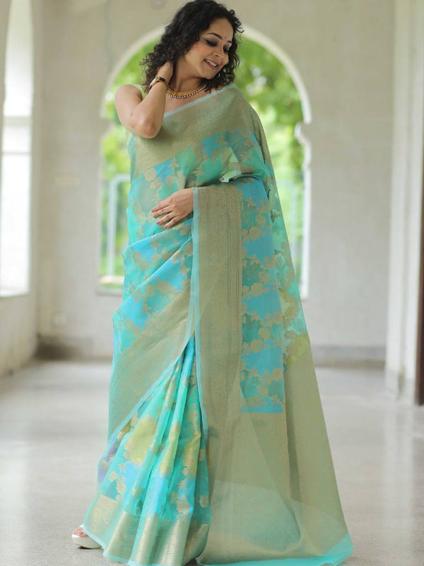 Banarasee Organza Mix Saree With Zari Jaal & Border-Blue