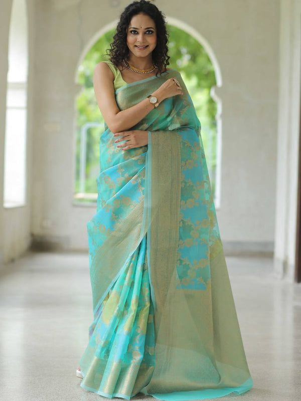 Banarasee Organza Mix Saree With Zari Jaal & Border-Blue