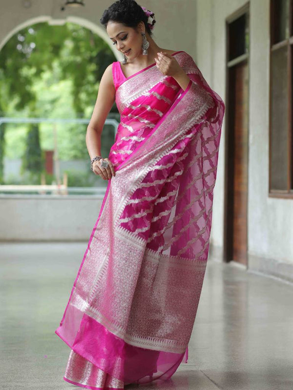 Banarasee Organza Mix Saree With Silver Zari Design & Border-Pink