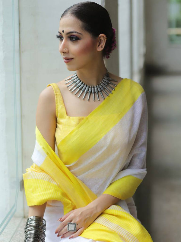 Banarasee Handloom Pure Linen Saree With Contrast Border-White & Yellow