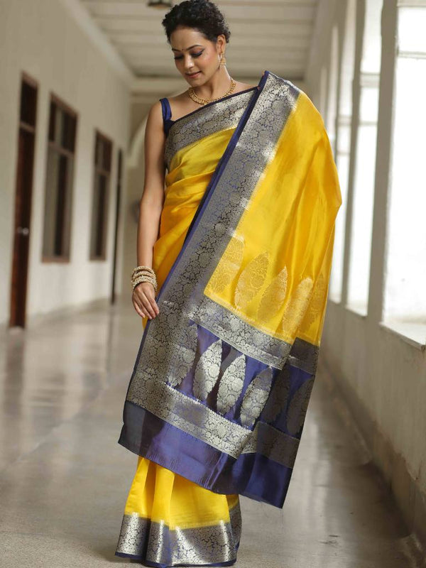 Banarasee Handloom Pure Chiniya Silk Saree With Zari Work & Contrast Border-Yellow & Blue