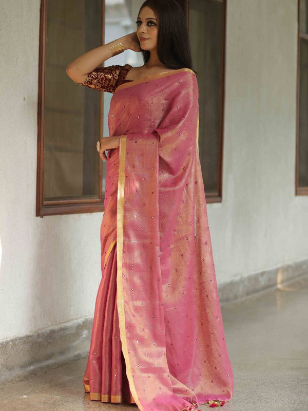 Banarasee Pure Linen By Tissue Metallic Shine Saree With Brocade Blouse-Pink