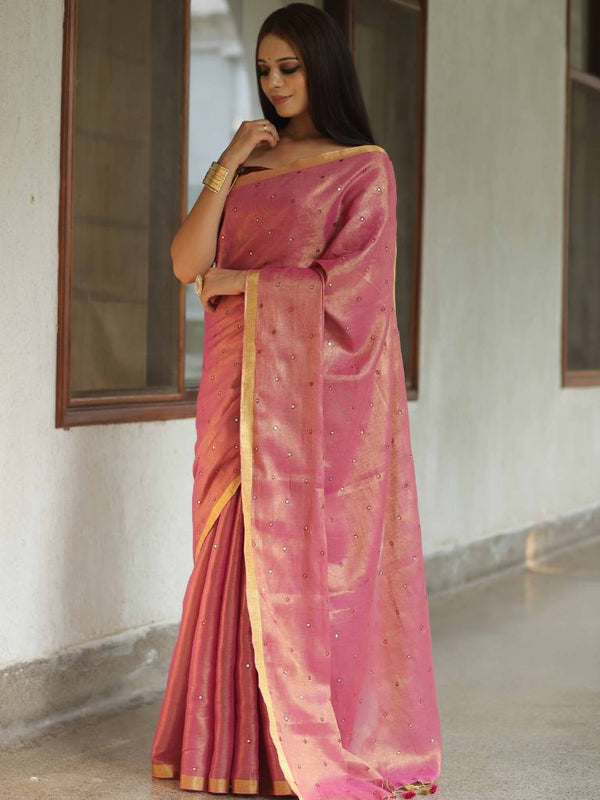 Banarasee Pure Linen By Tissue Metallic Shine Saree With Brocade Blouse-Pink