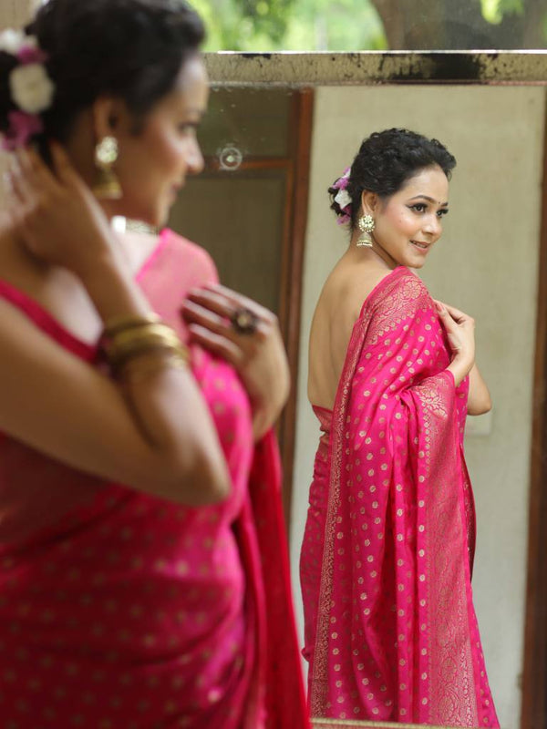 Banarasee Semi-Chiffon Saree With Antique Gold Zari Work-Pink