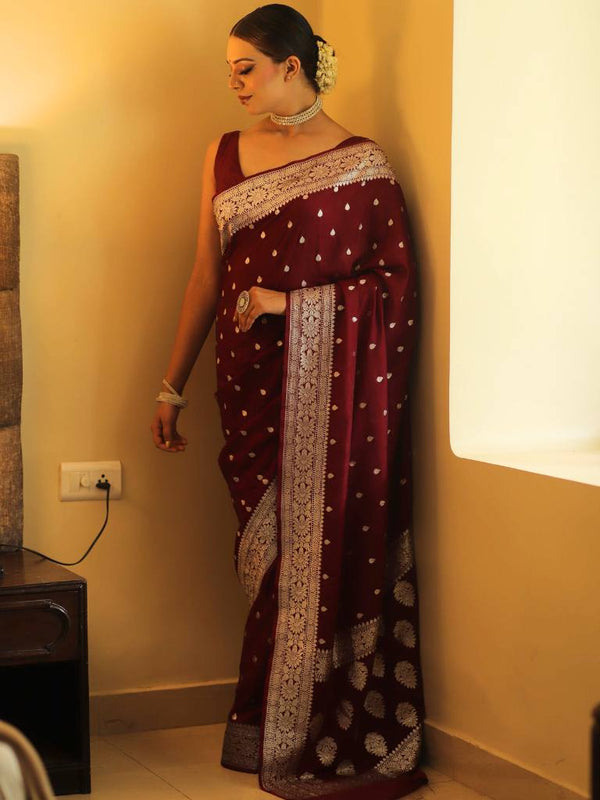 Banarasee Handwoven Faux Georgette Saree With Silver Zari Buti Design-Maroon
