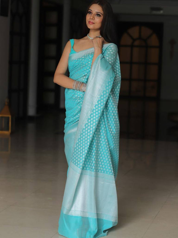 Banarasee Cotton Silk Floral Silver Zari Work Saree-Sea Green