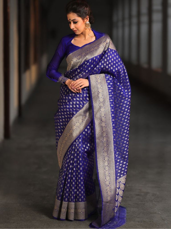 Banarasee Organza Silk Saree With Zari Motifs & Border-Royal Blue