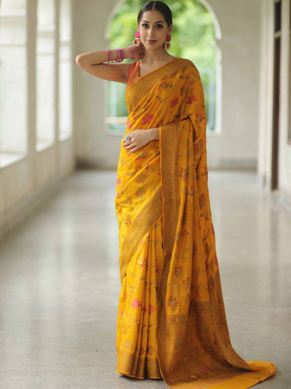 Banarasee Pure Handloom Muga Silk Saree With Zari & Gold Weaving-Mustard Yellow