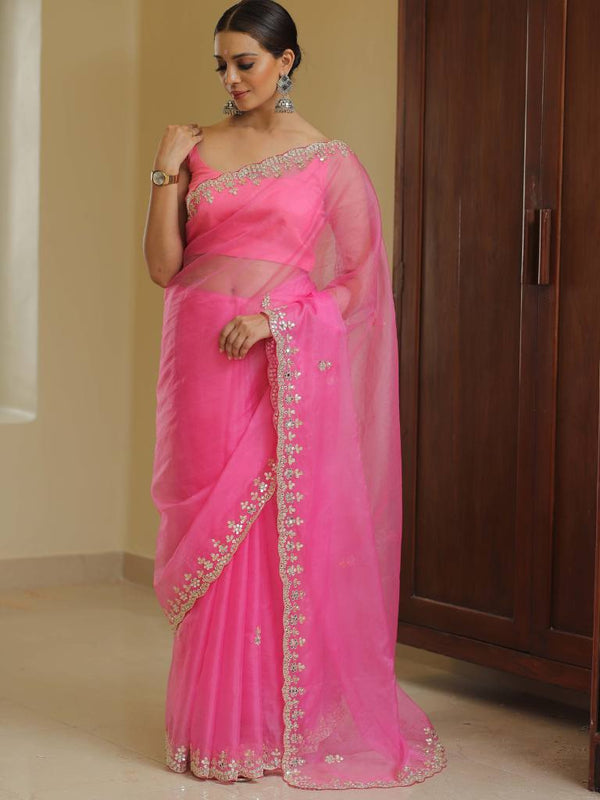 Banarasee Organza Silk Scallop Border Saree-Neon Pink