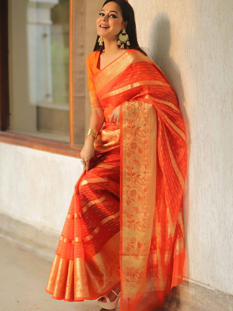 Banarasee Organza Mix Saree With Stripes Design & Broad Border-Orange