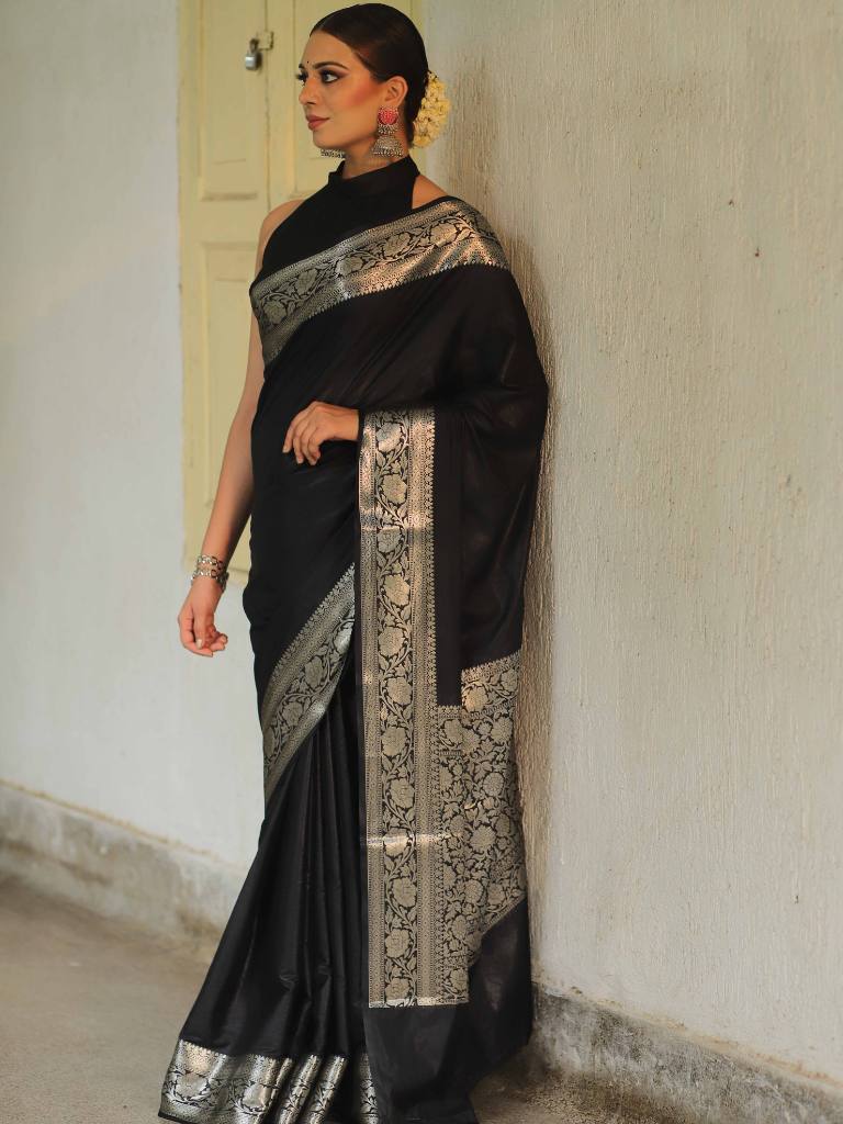 Banarasee Handwoven Semi Silk Saree With Silver Zari Border-Black