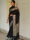Banarasee Handwoven Semi Silk Saree With Silver Zari Border-Black